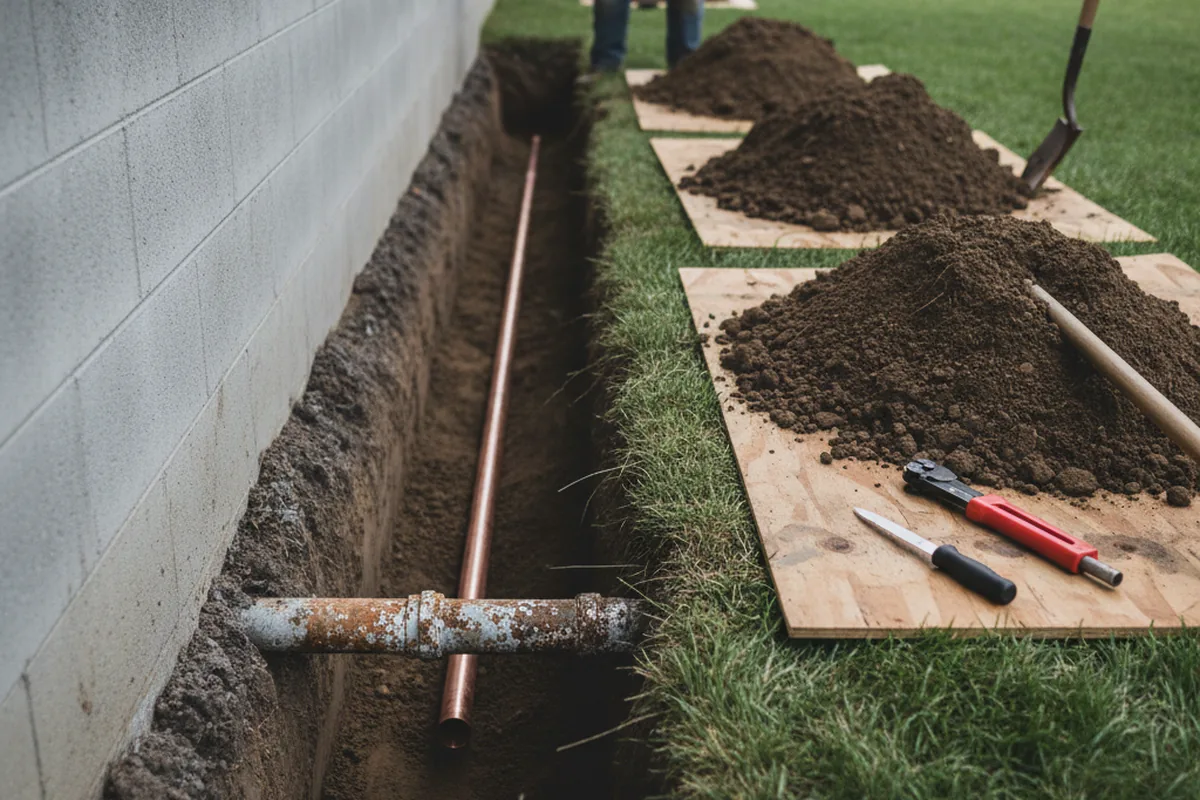 Excavated water line trench during Sewer Line Repair in Cheyenne